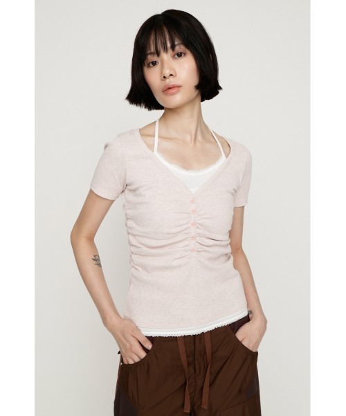 SLY（スライ）の「LAYERED LIKE CUT S/S TOPS レイヤードライクカットショートスリーブトップス 夏服 秋服（Tシャツ/カットソー・レディース・ライトピンク/ネイビー/ライトブラック/オフホワイト・FREE）」の9枚目の写真