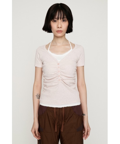 SLY（スライ）の「LAYERED LIKE CUT S/S TOPS レイヤードライクカットショートスリーブトップス 夏服 秋服（Tシャツ/カットソー・レディース・ライトピンク/ネイビー/ライトブラック/オフホワイト・FREE）」の10枚目の写真