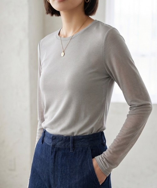 Belta attrice(ベルタアトリーチェ)の「【秋新作】夢見るスムースコットン100 レイヤード見えクルーネック長袖シアー インナーカットソー/薄手 袖1重 秋冬(Tシャツ/カットソー・レディース・ローズ/バーガンディー/ワイン/ダークカーキ/グレー/ライトグリーン/ブラック/ストーン/ターコイズブルー/ダークパープル/サンドベージュ・FREE)」の16枚目の写真