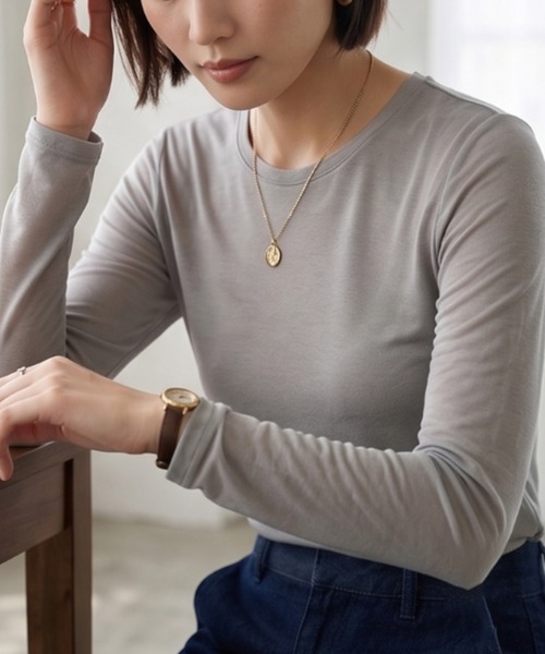 Belta attrice(ベルタアトリーチェ)の「【秋新作】夢見るスムースコットン100 レイヤード見えクルーネック長袖シアー インナーカットソー/薄手 袖1重 秋冬(Tシャツ/カットソー・レディース・ローズ/バーガンディー/ワイン/ダークカーキ/グレー/ライトグリーン/ブラック/ストーン/ターコイズブルー/ダークパープル/サンドベージュ・FREE)」の20枚目の写真