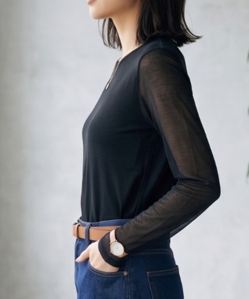 Belta attrice(ベルタアトリーチェ)の「【秋新作】夢見るスムースコットン100 レイヤード見えクルーネック長袖シアー インナーカットソー/薄手 袖1重 秋冬(Tシャツ/カットソー・レディース・ローズ/バーガンディー/ワイン/ダークカーキ/グレー/ライトグリーン/ブラック/ストーン/ターコイズブルー/ダークパープル/サンドベージュ・FREE)」の14枚目の写真
