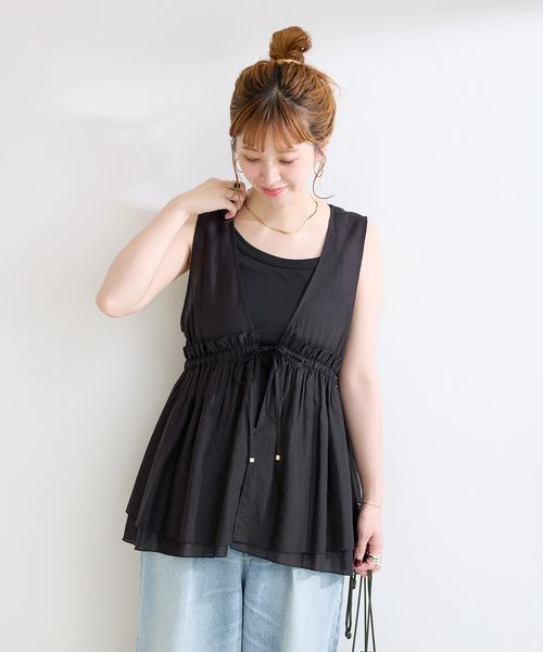 B.C STOCK（ベーセーストック）の「《2枚セット》手洗い可 / 2WAYギャザーペプラムブラウスセット（シャツ/ブラウス・レディース・ブラック系その他/ブラウン・FREE）」の4枚目の写真