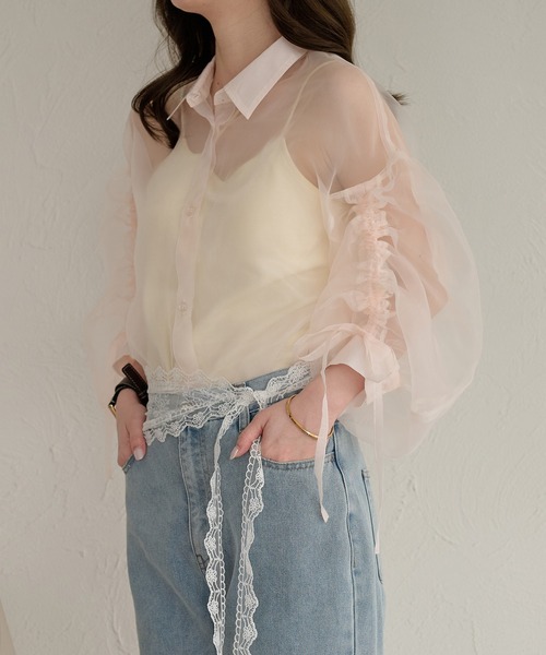 mideal(マイディール)の「drost sleeve sheer shirt / ドロストスリーブシアーシャツ(シャツ/ブラウス・レディース・オレンジ/ベビーピンク/パープル・FREE)」の2枚目の写真
