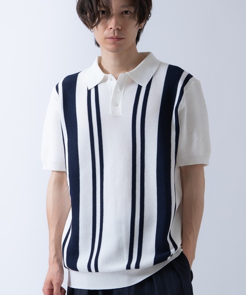 Crownor(クラウノアー)の「ストライプ 半袖 サマーニットポロシャツ(ポロシャツ・メンズ・ブラック/グレー/ホワイト・LARGE/MEDIUM)」の1枚目の写真