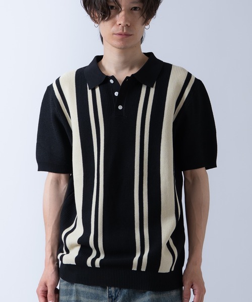 Crownor(クラウノアー)の「ストライプ 半袖 サマーニットポロシャツ(ポロシャツ・メンズ・ブラック/グレー/ホワイト・LARGE/MEDIUM)」の2枚目の写真