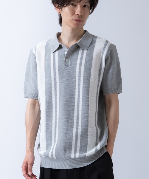 Crownor(クラウノアー)の「ストライプ 半袖 サマーニットポロシャツ(ポロシャツ・メンズ・ブラック/グレー/ホワイト・LARGE/MEDIUM)」の5枚目の写真