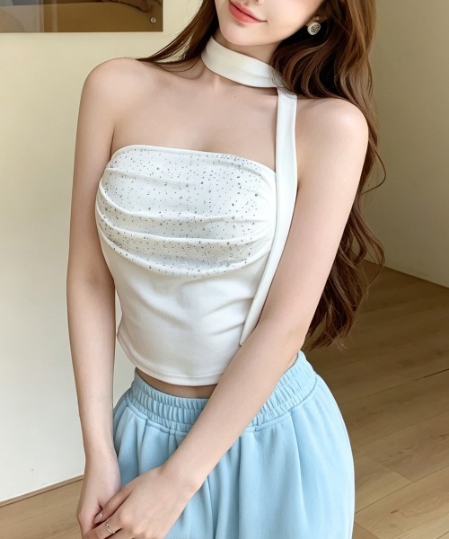 Miniministore(ミニミニストア)の「ラインストーンベアトップ きれいめ 夏服(チューブトップ・レディース・ホワイト/ブラック/グレー/イエロー/ラベンダー/ライトピンク・FREE)」の2枚目の写真