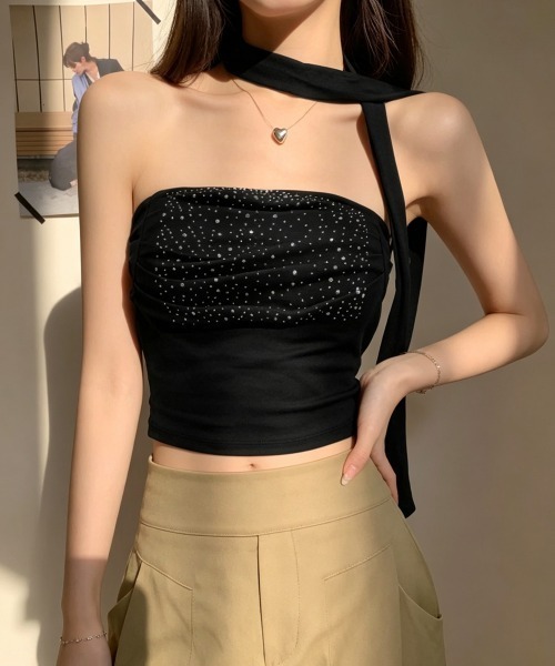 Miniministore(ミニミニストア)の「ラインストーンベアトップ きれいめ 夏服(チューブトップ・レディース・ホワイト/ブラック/グレー/イエロー/ラベンダー/ライトピンク・FREE)」の3枚目の写真