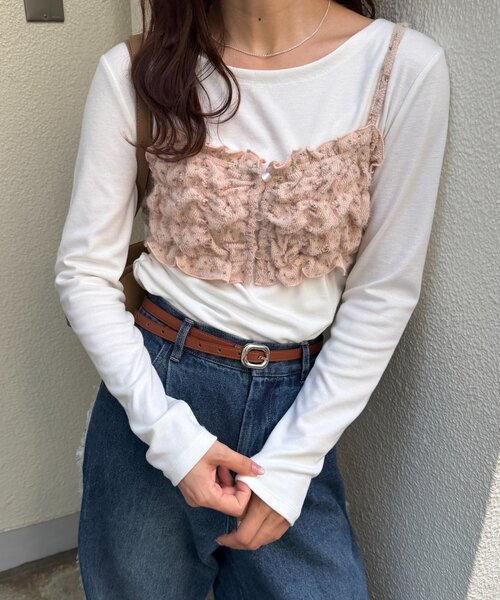 DISCOAT（ディスコート）の「【umm.】起毛レース花柄キャミビスチェ（キャミソール・レディース・ベビーピンク/ブラック/オフホワイト・FREE）」の6枚目の写真