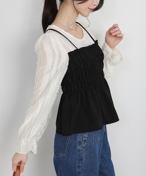 pumpkin port(パンプキンポート)の「フェイクレイヤードキャミ付き シアー長袖ブラウス(シャツ/ブラウス・レディース・ブラック/ベージュ/ブラウン/アイボリー・M)」の14枚目の写真