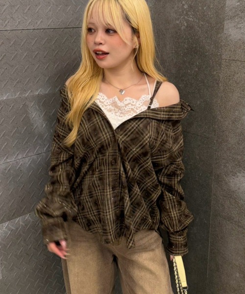 continuer de NICE CLAUP(コンティニューデナイスクラップ)の「3wayキラキラチェックシャツ(シャツ/ブラウス・レディース・ブラック系その他/ブラウン系その他/ベージュ系その他・FREE)」の1枚目の写真