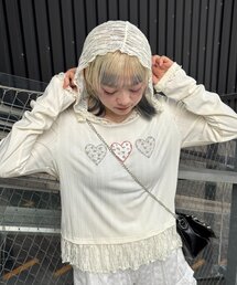 レースフードハートパッチリブトップス