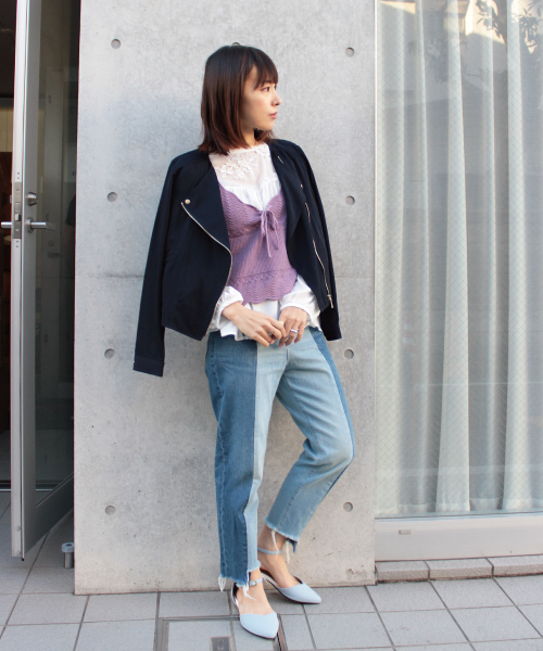 mysty woman（ミスティウーマン）の「RTツイルノーカラーライダース（ライダースジャケット・レディース・ブラック系その他/グレイッシュブルー/ネイビー/カーキ/ピンクベージュ・FREE）」の3枚目の写真