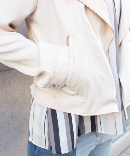 mysty woman（ミスティウーマン）の「RTツイルノーカラーライダース（ライダースジャケット・レディース・ブラック系その他/グレイッシュブルー/ネイビー/カーキ/ピンクベージュ・FREE）」の10枚目の写真