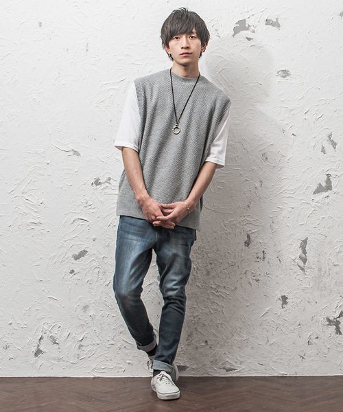 MinoriTY（マイノリティ）の「（2点セット）バスケット編みニットベスト＆5分袖Tアンサンブル（ベスト・メンズ・ネイビー/ベージュ/杢グレー・M/L）」の12枚目の写真