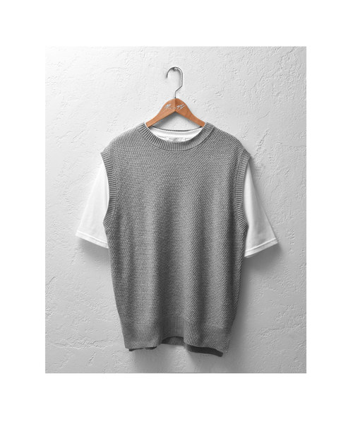 MinoriTY（マイノリティ）の「（2点セット）バスケット編みニットベスト＆5分袖Tアンサンブル（ベスト・メンズ・ネイビー/ベージュ/杢グレー・M/L）」の6枚目の写真