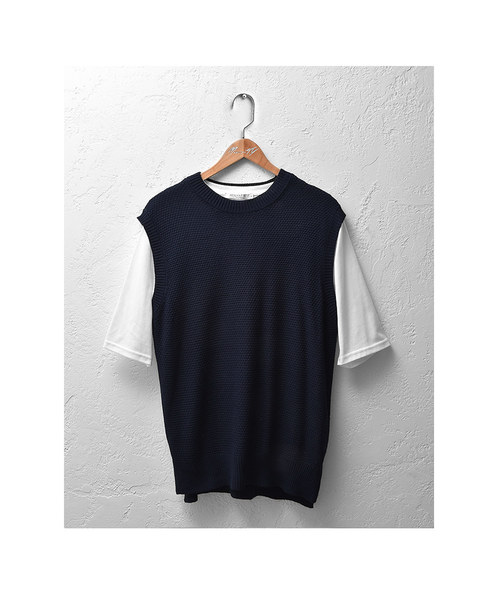 MinoriTY（マイノリティ）の「（2点セット）バスケット編みニットベスト＆5分袖Tアンサンブル（ベスト・メンズ・ネイビー/ベージュ/杢グレー・M/L）」の7枚目の写真