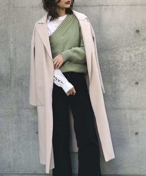 Fashion Letter（ファッションレター）の「サイドスリット ビッグシルエット ロング チェスター コート（チェスターコート・レディース・アイボリー/ベージュ系その他/モカ/グレイッシュブルー/スモークピンク/ブラック・M/L）」の2枚目の写真