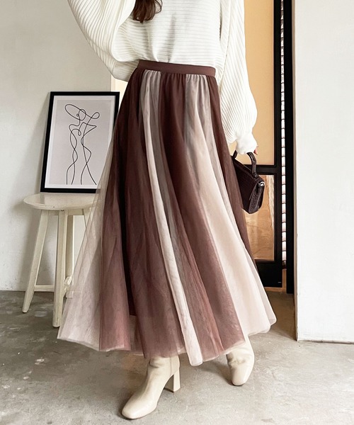 GeeRA（ジーラ）の「【6サイズ展開】秋コーデにぴったり。フレアチュールボリュームスカート（スカート・レディース・ブラック/グレー/モカ/パープル/ストライプ/ベージュ/ブラウン系その他/チェック/グリーン・MEDIUM/X-LARGE/LARGE/XX-LARGE/XXX-LARGE/XXXX-LARGE）」の4枚目の写真