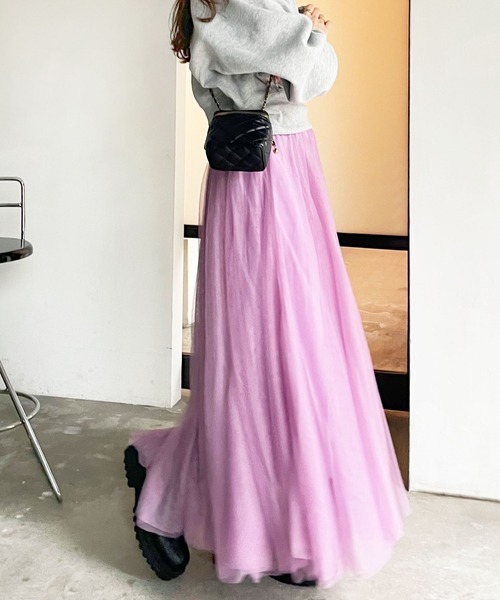 GeeRA（ジーラ）の「【6サイズ展開】秋コーデにぴったり。フレアチュールボリュームスカート（スカート・レディース・ブラック/グレー/モカ/パープル/ストライプ/ベージュ/ブラウン系その他/チェック/グリーン・MEDIUM/X-LARGE/LARGE/XX-LARGE/XXX-LARGE/XXXX-LARGE）」の7枚目の写真