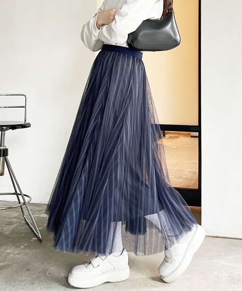 GeeRA（ジーラ）の「【6サイズ展開】秋コーデにぴったり。フレアチュールボリュームスカート（スカート・レディース・ブラック/グレー/モカ/パープル/ストライプ/ベージュ/ブラウン系その他/チェック/グリーン・MEDIUM/X-LARGE/LARGE/XX-LARGE/XXX-LARGE/XXXX-LARGE）」の8枚目の写真