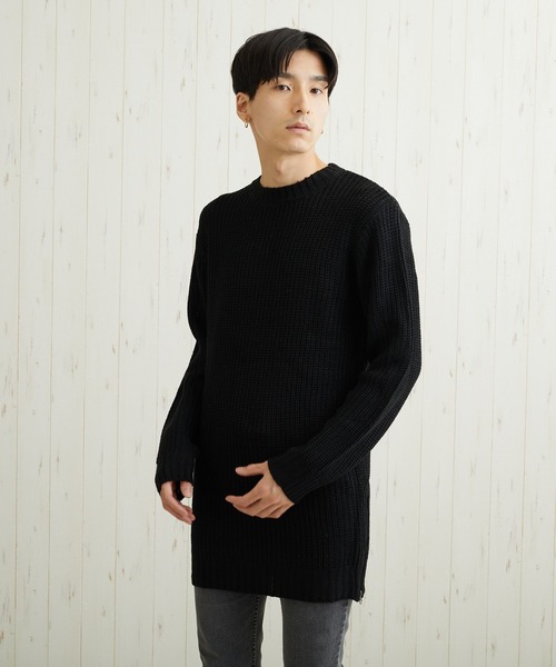 TONE SELECT WEAR(トーンセレクトウェア)の「【TONE MEN'S】畦編みロングサイドスリットニット(BL)(ニット/セーター・メンズ・ブラック/アイボリー/杢グレー/ベージュ系その他/パープル系その他/カーキ・MEDIUM/LARGE)」の3枚目の写真