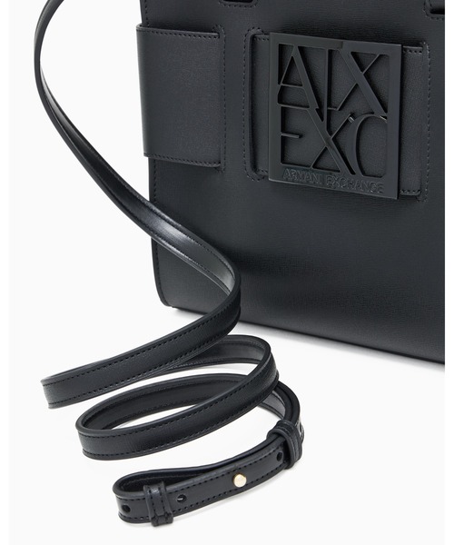 良品 アルマーニ エクスチェンジ ハンドバッグ BOXロゴバックル レザー 黒 A|X アルマーニ エクスチェンジ】BOXロゴバックル トートバッグ