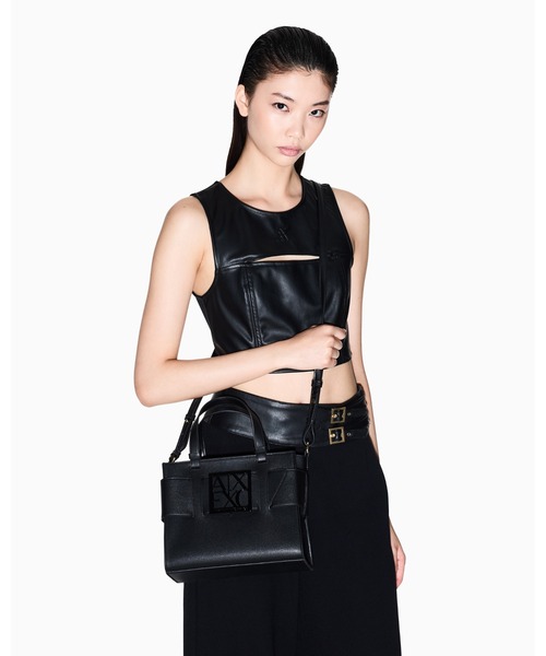 良品 アルマーニ エクスチェンジ ハンドバッグ BOXロゴバックル レザー 黒 A|X アルマーニ エクスチェンジ】BOXロゴバックル ミニ