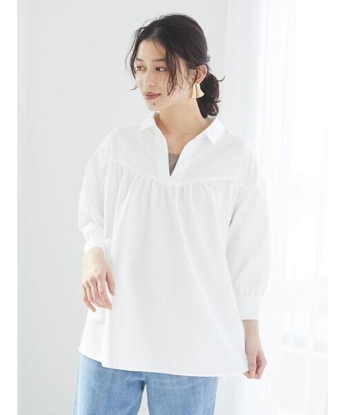 Green　Parks（グリーンパークス）の「切替ギャザー襟付ブラウス＊（シャツ/ブラウス・レディース・ミント/オレンジ/オフホワイト・FREE）」の7枚目の写真