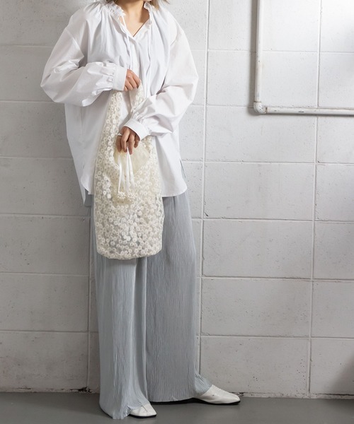 me+em select（ミームセレクト）の「フラワー刺繍シースルートートバッグ【巾着シフォンポーチ付き】（トートバッグ・レディース・ブラック/パープル/アイボリー/ミント・FREE）」の6枚目の写真