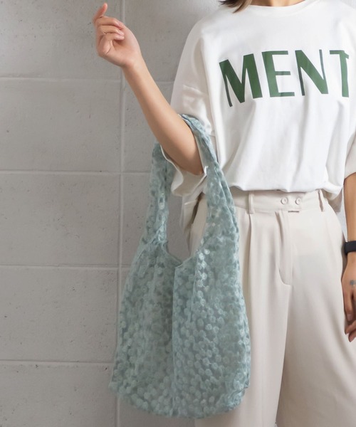 me+em select（ミームセレクト）の「フラワー刺繍シースルートートバッグ【巾着シフォンポーチ付き】（トートバッグ・レディース・ブラック/パープル/アイボリー/ミント・FREE）」の11枚目の写真