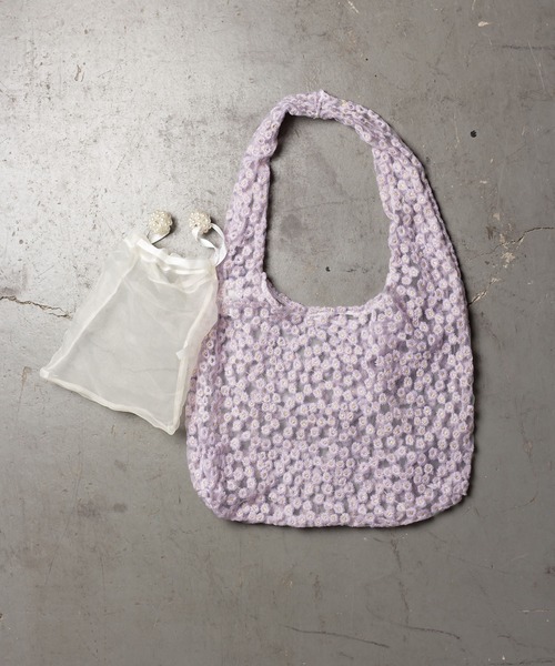 me+em select（ミームセレクト）の「フラワー刺繍シースルートートバッグ【巾着シフォンポーチ付き】（トートバッグ・レディース・ブラック/パープル/アイボリー/ミント・FREE）」の18枚目の写真