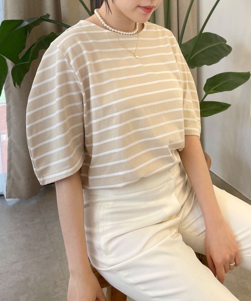 CEMONEMO(セモネモ)の「半袖 ボーダー パフスリーブ カットソー(Tシャツ/カットソー・レディース・ライトブルー/ベージュ/アイボリー/ミント・FREE)」の3枚目の写真