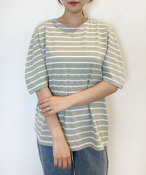 CEMONEMO(セモネモ)の「半袖 ボーダー パフスリーブ カットソー(Tシャツ/カットソー・レディース・ライトブルー/ベージュ/アイボリー/ミント・FREE)」の4枚目の写真