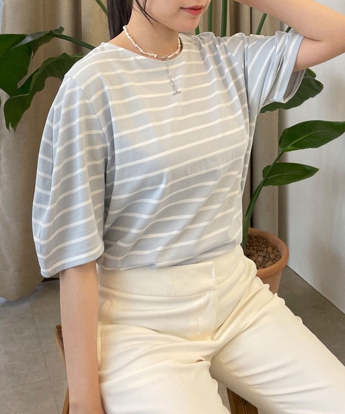 CEMONEMO(セモネモ)の「半袖 ボーダー パフスリーブ カットソー(Tシャツ/カットソー・レディース・ライトブルー/ベージュ/アイボリー/ミント・FREE)」の1枚目の写真