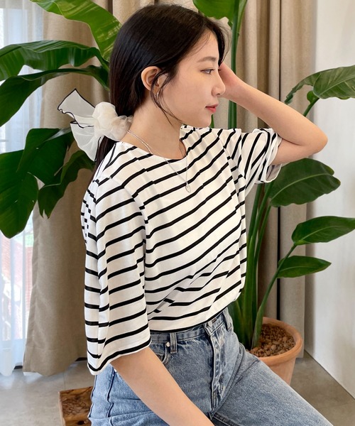 CEMONEMO(セモネモ)の「半袖 ボーダー パフスリーブ カットソー(Tシャツ/カットソー・レディース・ライトブルー/ベージュ/アイボリー/ミント・FREE)」の5枚目の写真