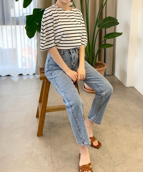 CEMONEMO(セモネモ)の「半袖 ボーダー パフスリーブ カットソー(Tシャツ/カットソー・レディース・ライトブルー/ベージュ/アイボリー/ミント・FREE)」の6枚目の写真