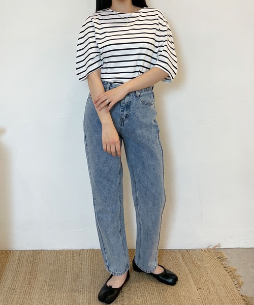 CEMONEMO(セモネモ)の「半袖 ボーダー パフスリーブ カットソー(Tシャツ/カットソー・レディース・ライトブルー/ベージュ/アイボリー/ミント・FREE)」の7枚目の写真