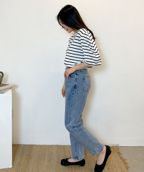 CEMONEMO(セモネモ)の「半袖 ボーダー パフスリーブ カットソー(Tシャツ/カットソー・レディース・ライトブルー/ベージュ/アイボリー/ミント・FREE)」の8枚目の写真