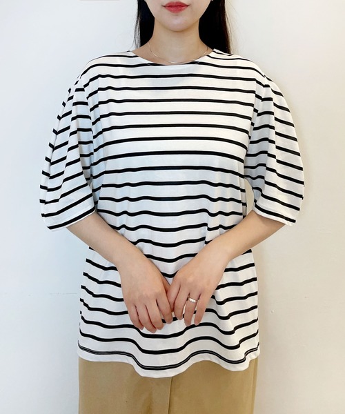 CEMONEMO(セモネモ)の「半袖 ボーダー パフスリーブ カットソー(Tシャツ/カットソー・レディース・ライトブルー/ベージュ/アイボリー/ミント・FREE)」の9枚目の写真