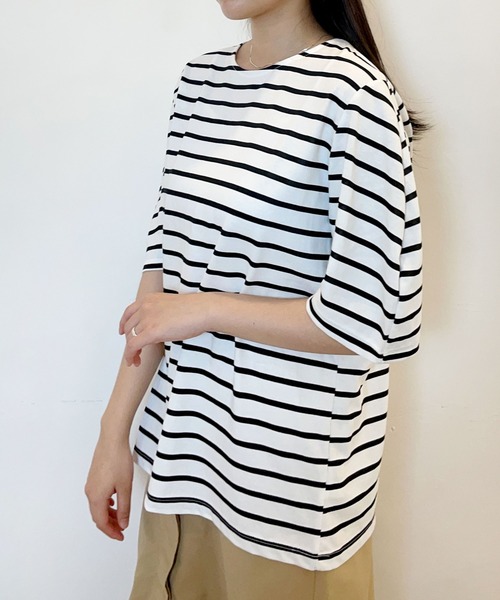 CEMONEMO(セモネモ)の「半袖 ボーダー パフスリーブ カットソー(Tシャツ/カットソー・レディース・ライトブルー/ベージュ/アイボリー/ミント・FREE)」の10枚目の写真