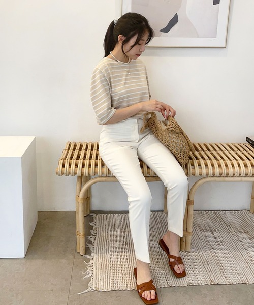 CEMONEMO(セモネモ)の「半袖 ボーダー パフスリーブ カットソー(Tシャツ/カットソー・レディース・ライトブルー/ベージュ/アイボリー/ミント・FREE)」の13枚目の写真