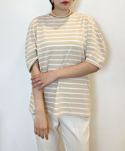 CEMONEMO(セモネモ)の「半袖 ボーダー パフスリーブ カットソー(Tシャツ/カットソー・レディース・ライトブルー/ベージュ/アイボリー/ミント・FREE)」の15枚目の写真