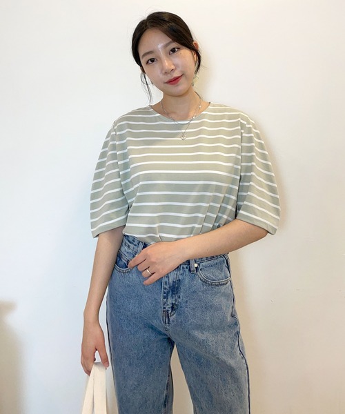 CEMONEMO(セモネモ)の「半袖 ボーダー パフスリーブ カットソー(Tシャツ/カットソー・レディース・ライトブルー/ベージュ/アイボリー/ミント・FREE)」の19枚目の写真