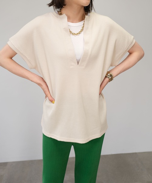 ＡＮＤＪ（アンドジェイ）の「深キーネックフレンチスリーブサーマルTシャツ（Tシャツ/カットソー・レディース・モカ/ライトカーキ/ベージュ系その他・M）」の6枚目の写真