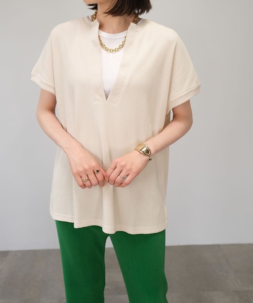 ＡＮＤＪ（アンドジェイ）の「深キーネックフレンチスリーブサーマルTシャツ（Tシャツ/カットソー・レディース・モカ/ライトカーキ/ベージュ系その他・M）」の11枚目の写真