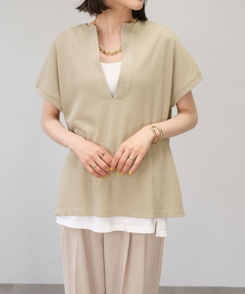 ＡＮＤＪ（アンドジェイ）の「深キーネックフレンチスリーブサーマルTシャツ（Tシャツ/カットソー・レディース・モカ/ライトカーキ/ベージュ系その他・M）」の14枚目の写真