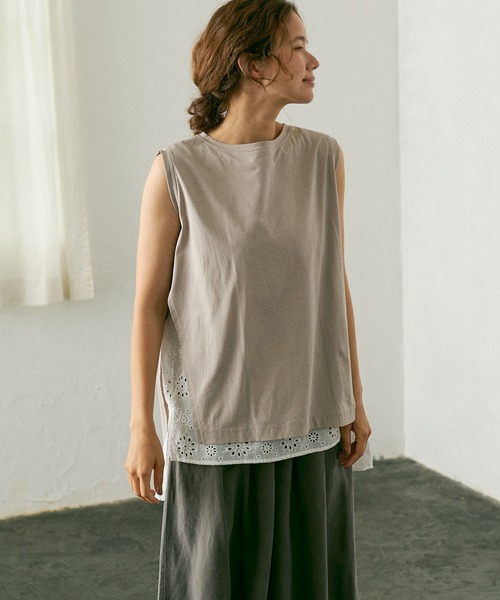 PUAL CE CIN（ピュアルセシン）の「【WEB限定】コットンレースノースリーブ（Tシャツ/カットソー・レディース・ブラック/ベージュ/グレー・FREE）」の5枚目の写真