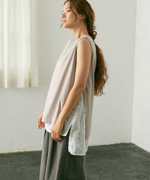 PUAL CE CIN（ピュアルセシン）の「【WEB限定】コットンレースノースリーブ（Tシャツ/カットソー・レディース・ブラック/ベージュ/グレー・FREE）」の6枚目の写真
