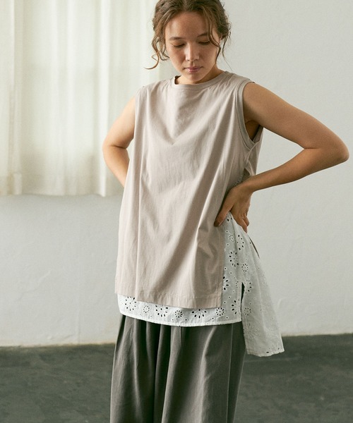 PUAL CE CIN（ピュアルセシン）の「【WEB限定】コットンレースノースリーブ（Tシャツ/カットソー・レディース・ブラック/ベージュ/グレー・FREE）」の7枚目の写真